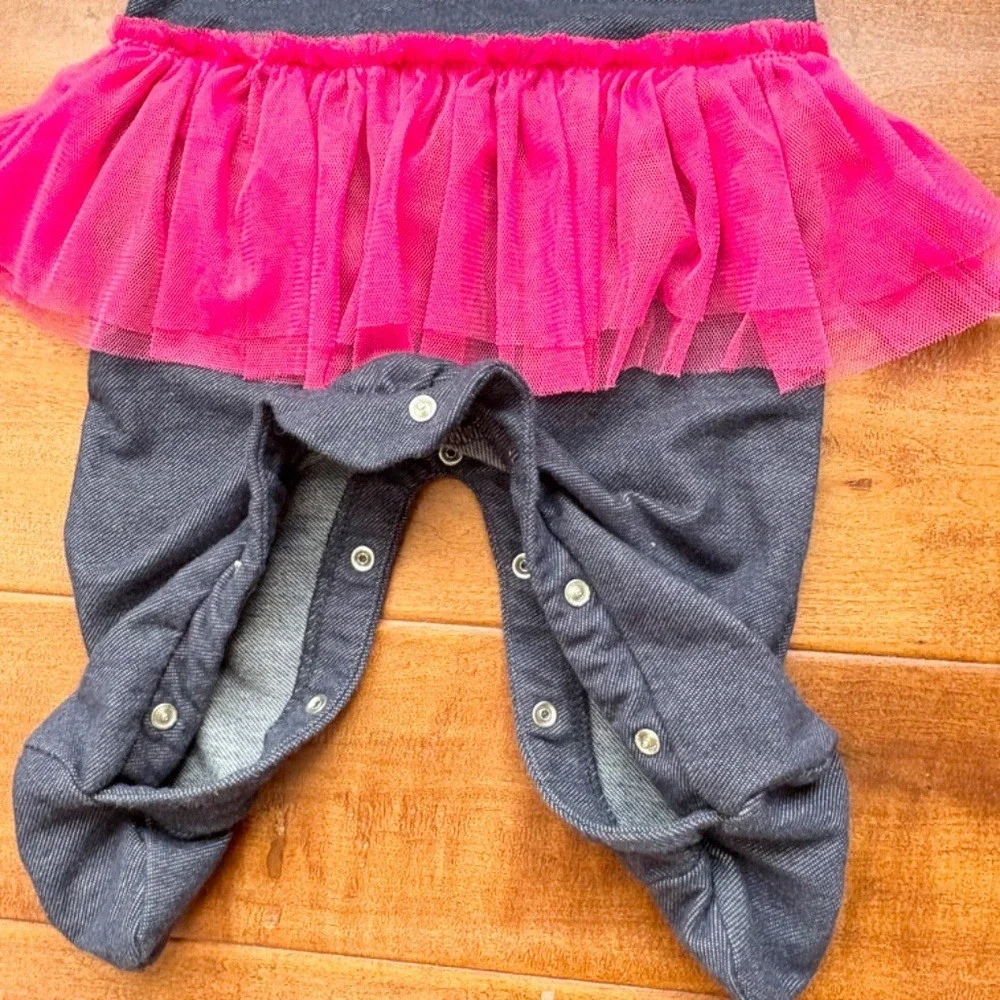 Guess Romper Tutu‎ Denim Look Logo Long Sleeve Girls 3-6M Blue Pink